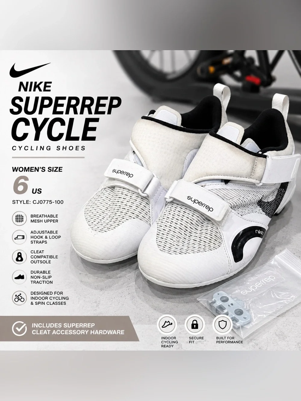 Nike SuperRep Cycle Women’s 6 White Black Indoor Cycling Shoes CJ0775-100